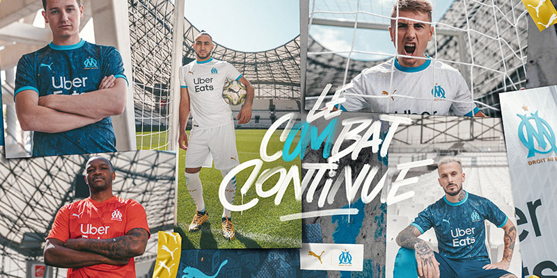 vignette_campagne_communication_social_lancement_maillot_nouvelle_saison_2020_2021_olympique_marseille_om_droit_au_but_le_combat_continue_players_joueurs_stade_velodrome_puma_football_france_lafourmi